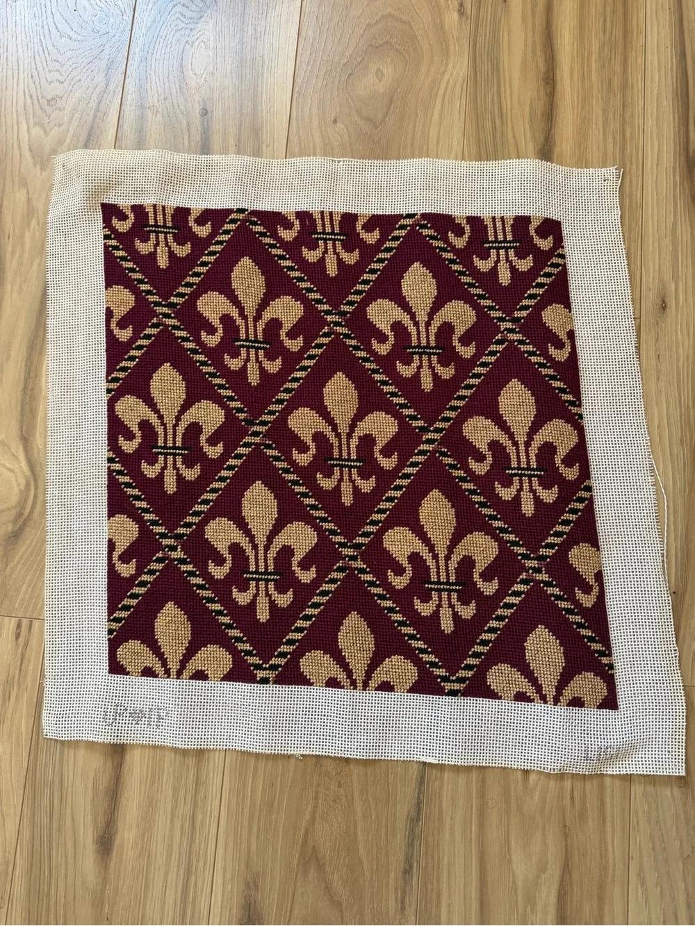 Vintage Handstitched Needlepoint Canvas Fleur-de-Lis Burgundy 15.5” Square